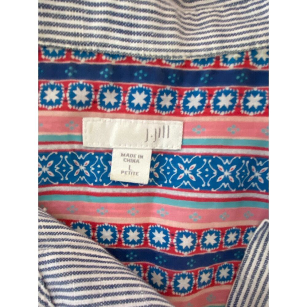 J Jill Linen Blue White Striped Short Cap Sleeve Button Down Floral Back Top LP - Picture 4 of 12